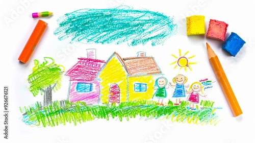 A child's drawing of a house with crayons and crayon crayones photo