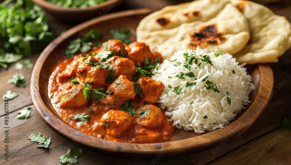 Chicken curry with rice, naan, and cilantro. Chicken curry with rice, naan, and cilantro.