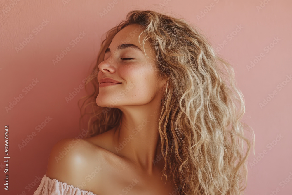 Naklejka premium A close up of a black woman's face with her eyes closed and long blond hair
