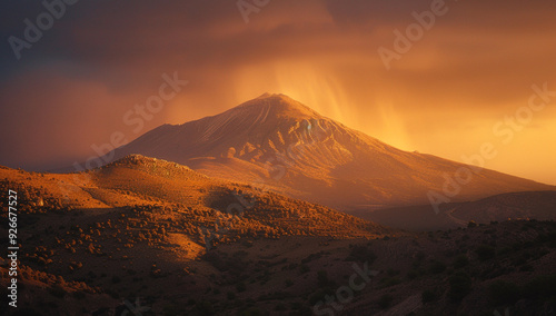 a dome mountain glowing under the golden light of a setting sun