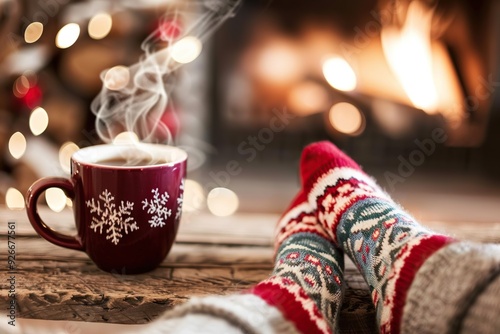 Wallpaper Mural warm winter setting with feet in socks, a mug, and glowing fireplace Torontodigital.ca