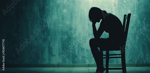 Silhouette of a depressed woman crying alone in the dark 