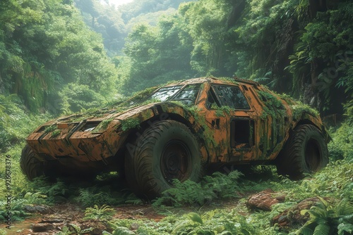 overgrown futuristic vehicle in lush forest anime style vibrant colors nature reclaiming advanced technology mysterious abandoned civilization atmosphere photo