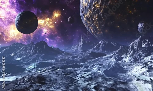 Alien planet dramatic landscape camera movement 3D render. Space flight moving through universe among earth, planets galaxies stars. High quality FullHD footage. AI Generative. 
