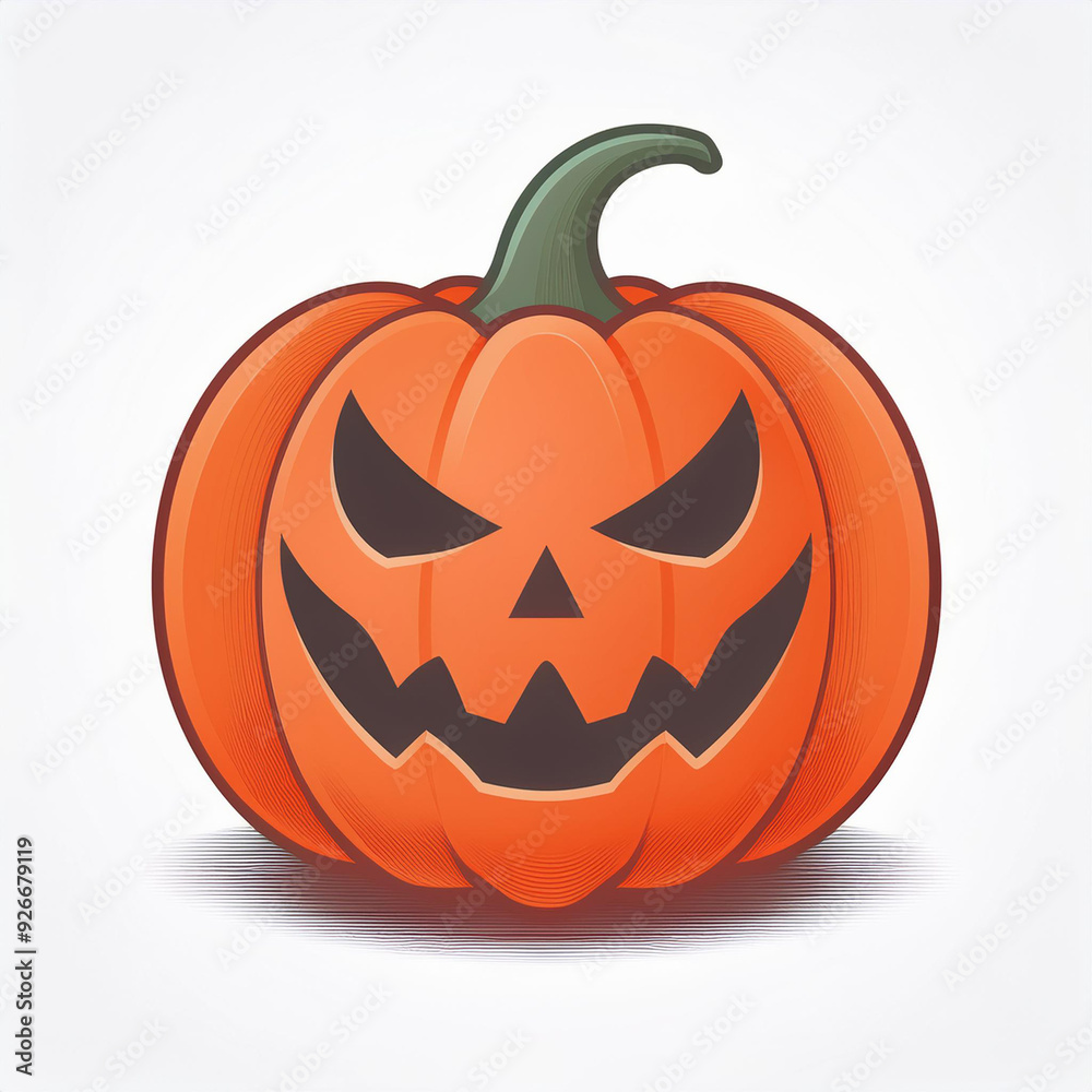 Fototapeta premium Grinning Jack-O'-Lantern with Menacing Eyes. Vibrant Cartoon Style Pumpkin Illustration Featuring Sharp Angles and Bold Shadows on a Crisp White Background, Perfect for Halloween Themed Designs Vector