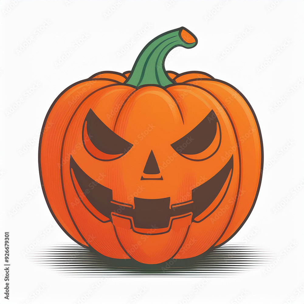 Fototapeta premium Grinning Jack-O'-Lantern with Menacing Eyes. Vibrant Cartoon Style Pumpkin Illustration Featuring Sharp Angles and Bold Shadows on a Crisp White Background, Perfect for Halloween Themed Designs Vector