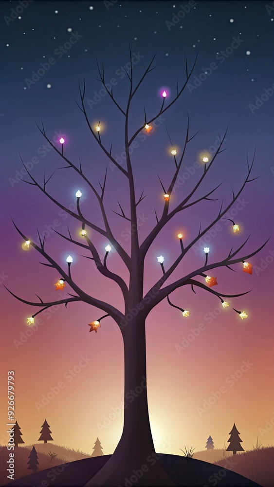 Leafless tree adorned with glowing lights at dusk. Leafless tree adorned with glowing lights at dusk.
