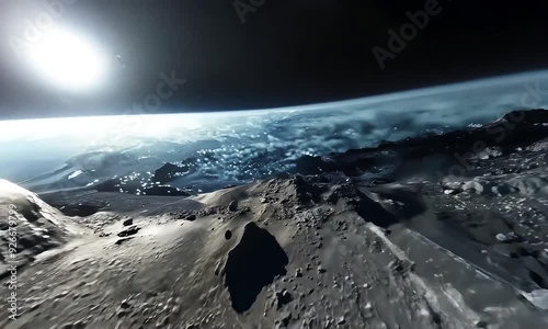 Alien planet dramatic landscape camera movement 3D render. Space flight moving through universe among earth, planets galaxies stars. High quality FullHD footage. AI Generative. 
