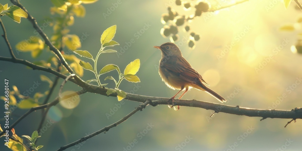 A serene bird perched on a branch, basking in warm sunlight surrounded by lush green leaves, symbolizing peace and nature. A serene bird perched on a branch, basking in warm sunlight surrounded by lush green leaves, symbolizing peace and nature.