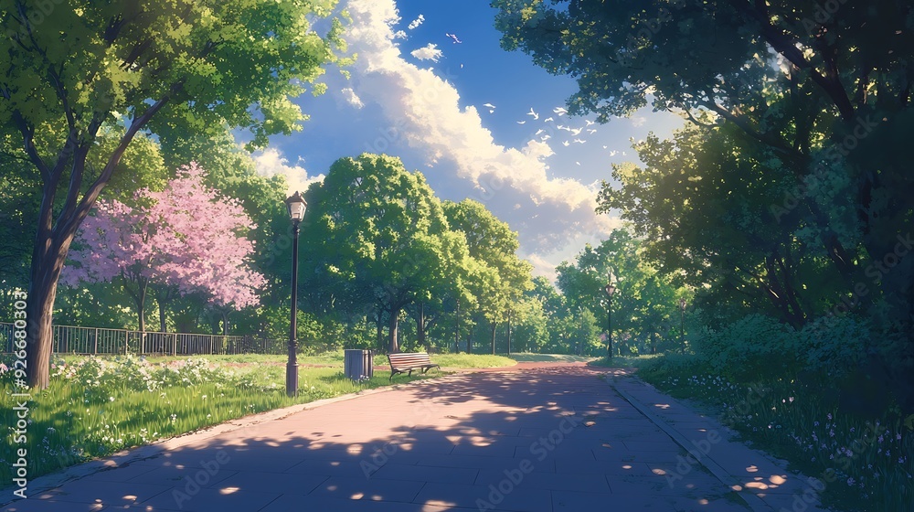 Obraz premium A paved pathway winds through a lush park, with dappled sunlight filtering through the trees and casting shadows on the ground.