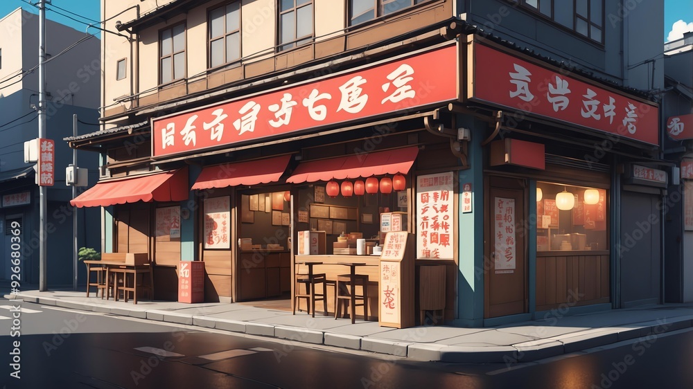 Naklejka premium retro style anime ramen store illustration background