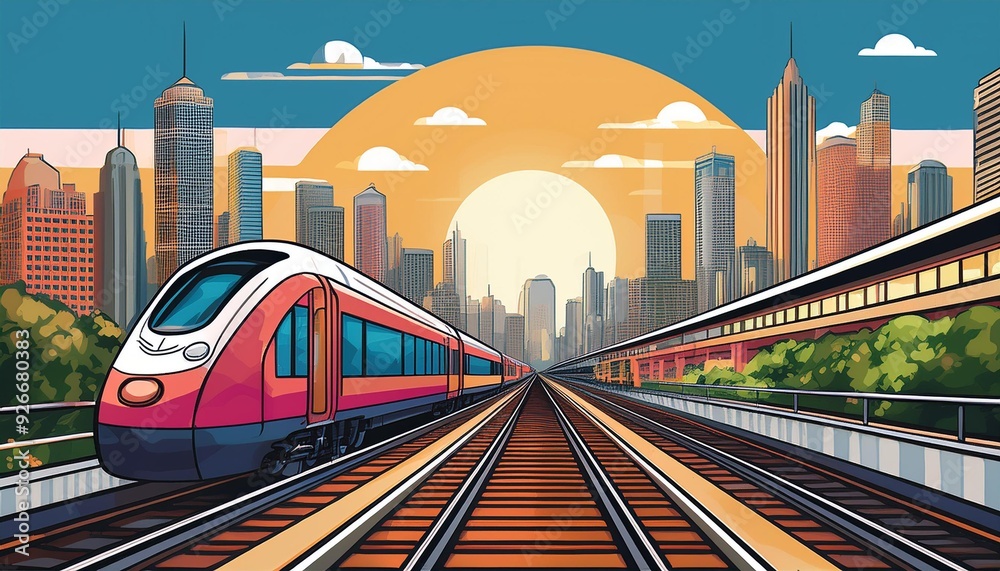 Naklejka premium Cityscape train travel with skyscrapers in background on tracks in illustration of business trip journey beaucoup beauty art