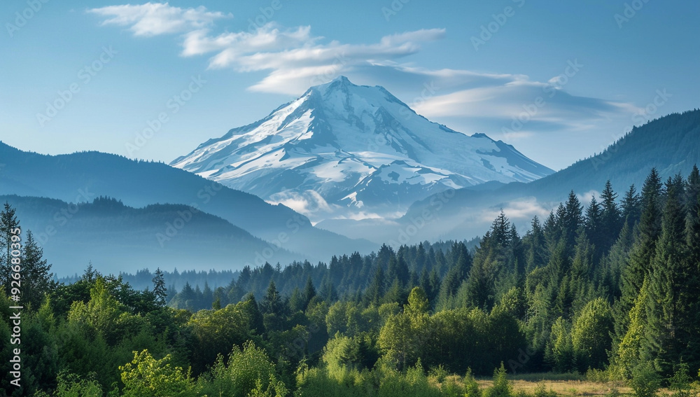 a dome mountain with a snow-capped summit and a tranquil forest below a dome mountain with a snow-capped summit and a tranquil forest below