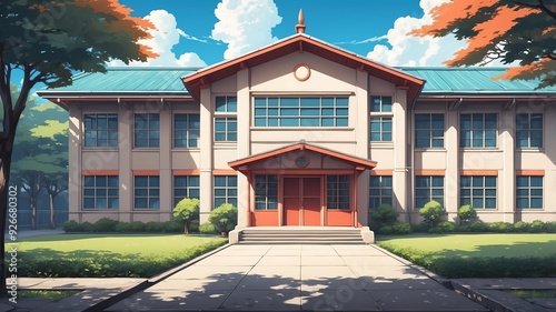 retro style anime school front illustration background