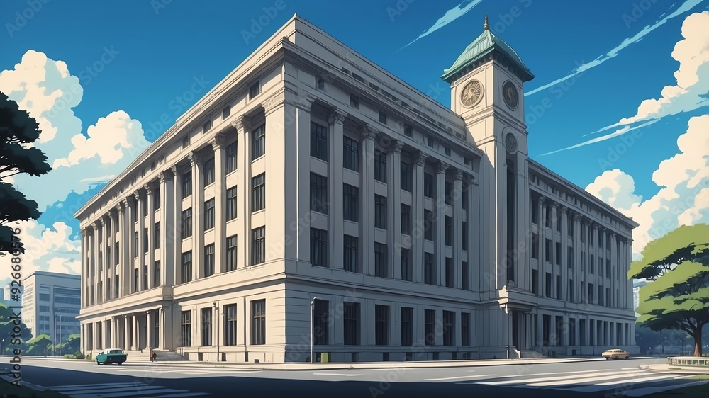 Obraz premium retro style anime government building illustration background