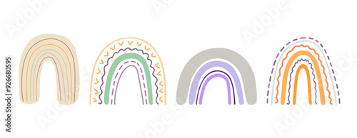 Boho rainbows set abstract shapes, simple hand drawn silhouette vector illustration in trendy pastel colors, minimalist concept perfect for making cards, banners, modern posters, textile, papercraft