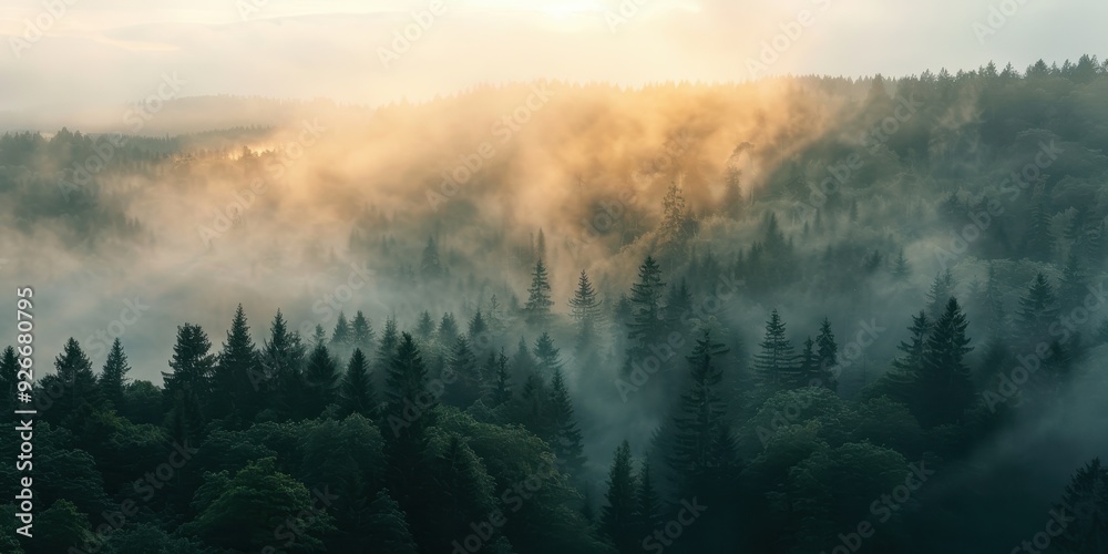 A serene forest landscape enveloped in mist, illuminated by soft morning light, offering a tranquil escape in nature. A serene forest landscape enveloped in mist, illuminated by soft morning light, offering a tranquil escape in nature.