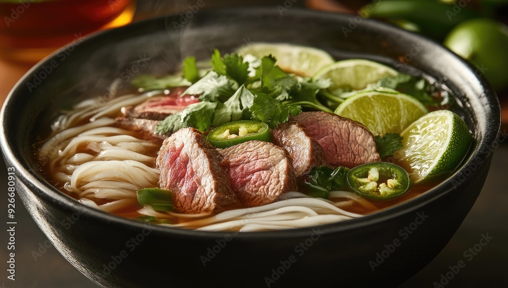 Steaming bowl of pho with beef, noodles, lime, and chilies. Steaming bowl of pho with beef, noodles, lime, and chilies.