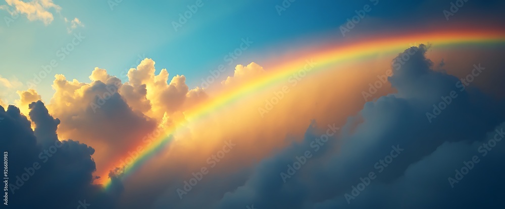 A beautiful rainbow arching through the clouds in a stunning sky. A beautiful rainbow arching through the clouds in a stunning sky.