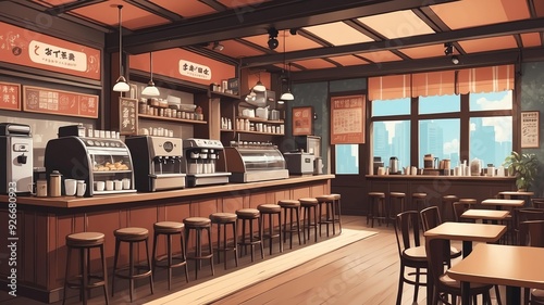 retro style anime coffee shop illustration background