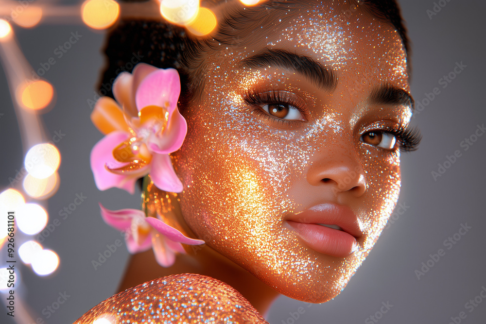 A woman with gold eyes and pink flowers on her face. The woman has a gold eye shadow A woman with gold eyes and pink flowers on her face. The woman has a gold eye shadow