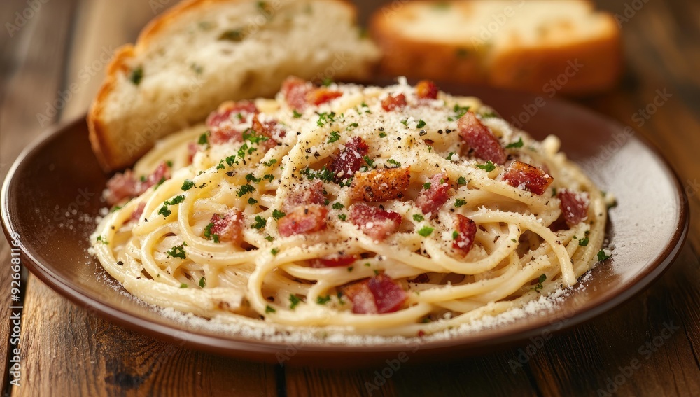 Spaghetti carbonara with parsley and cheese on plate.