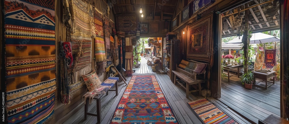AI generator image of shop selling hand-woven fabrics, handmade products, Folkcharm, Local hand-woven fabric, folk art of Thai people, Asia AI generator image of shop selling hand-woven fabrics, handmade products, Folkcharm, Local hand-woven fabric, folk art of Thai people, Asia