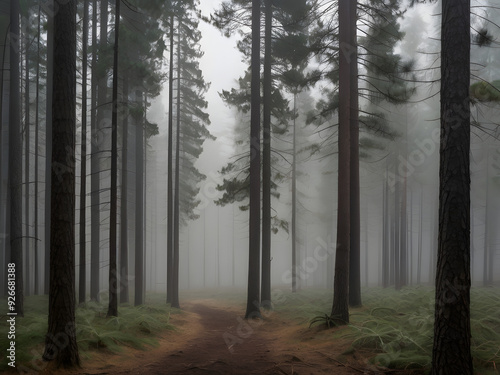 A pine forest shrouded in early morning mist, with tall trees disappearing into the fog. The ground is covered in pine needles, and the scene exudes a quiet, peaceful mood.