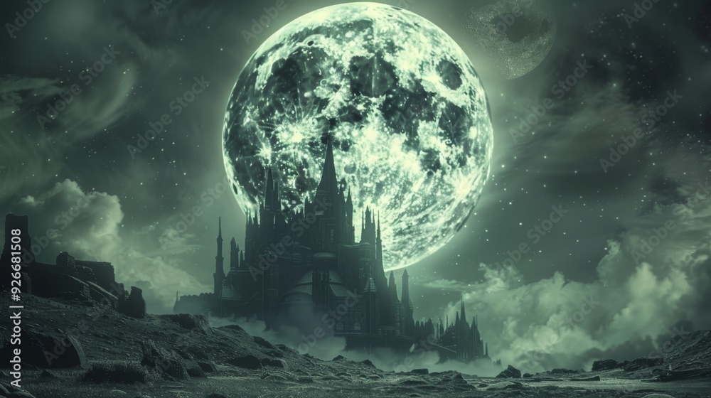 Gothic castle silhouette under eerie green full moon landscape, fantasy 3D render illustration Gothic castle silhouette under eerie green full moon landscape, fantasy 3D render illustration