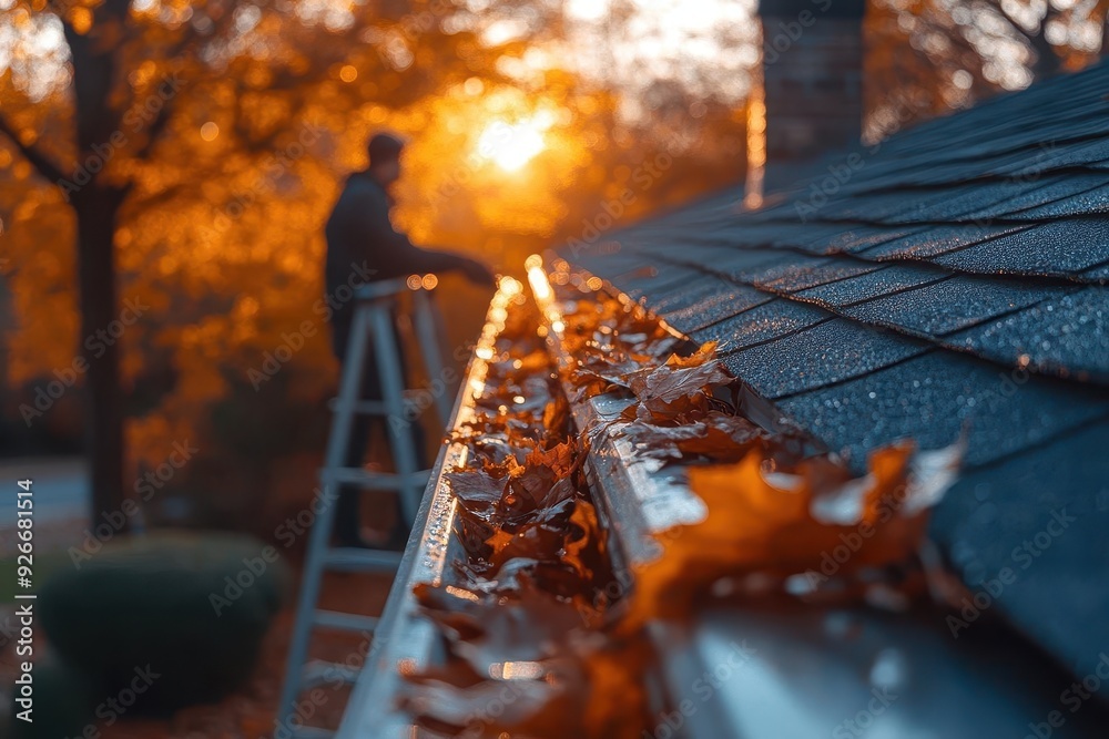 person on ladder cleaning autumn leaves from house gutters crisp fall colors suburban setting late afternoon light