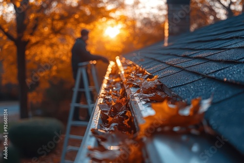 Obraz na płótnie person on ladder cleaning autumn leaves from house gutters crisp fall colors suburban setting late afternoon light w salonie