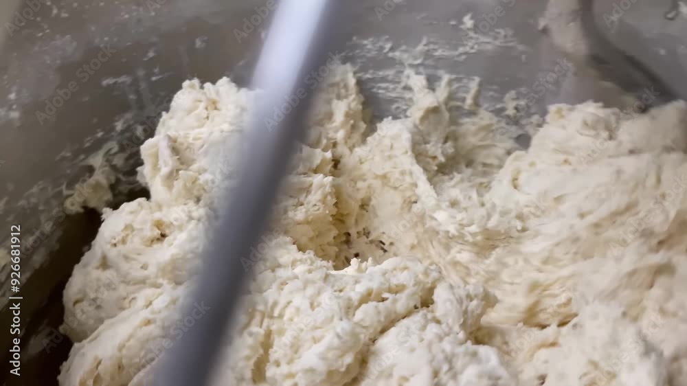 Kneading dough in an electric machine at a bakery. Food Industry Machinery. Bread Factory Kneading dough in an electric machine at a bakery. Food Industry Machinery. Bread Factory