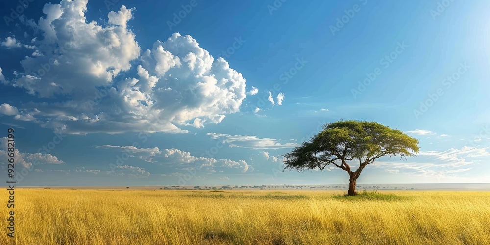 A serene landscape with a solitary tree under a vast blue sky, surrounded by golden grass swaying gently in the breeze. A serene landscape with a solitary tree under a vast blue sky, surrounded by golden grass swaying gently in the breeze.