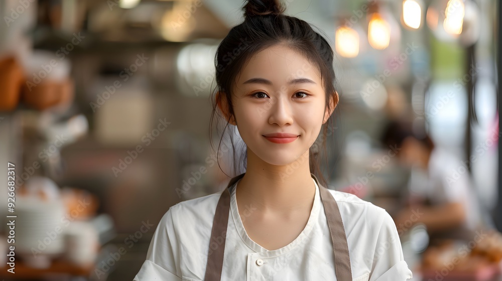 Asian female staff in aprons Asian female staff in aprons