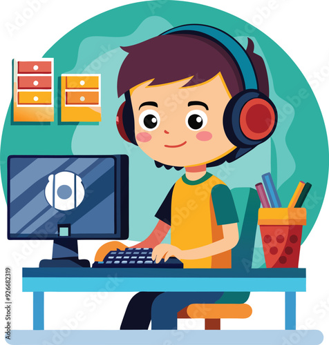 a boy is playing games in hi pc vector