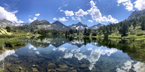 A serene mountain lake reflects the sky and surrounding peaks, creating a tranquil and picturesque nature scene. photo