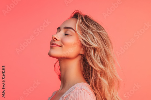 A close up of a black woman's face with her eyes closed and long blond hair