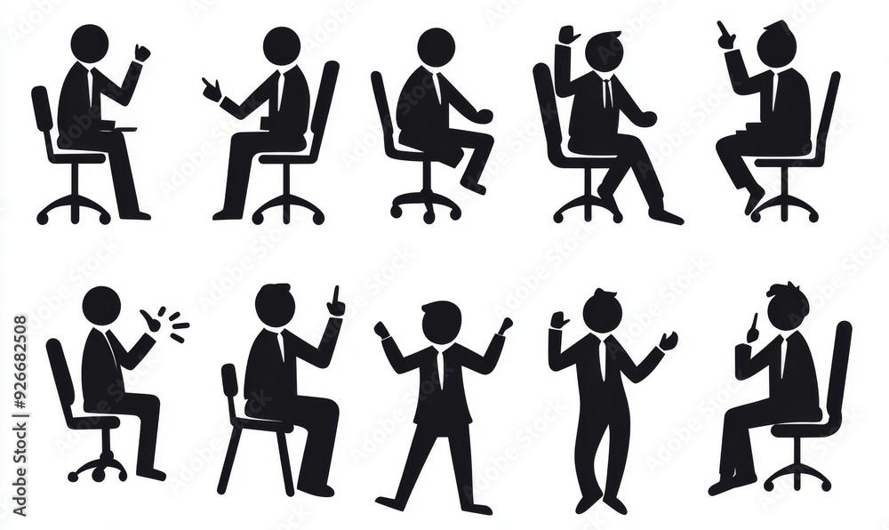 Fototapeta premium Set of black stick figures in different poses, sitting and standing.