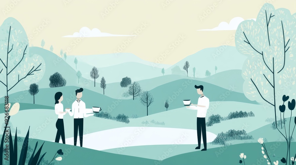 Three people standing in a green field with trees and hills in the background, drinking coffee. Three people standing in a green field with trees and hills in the background, drinking coffee.
