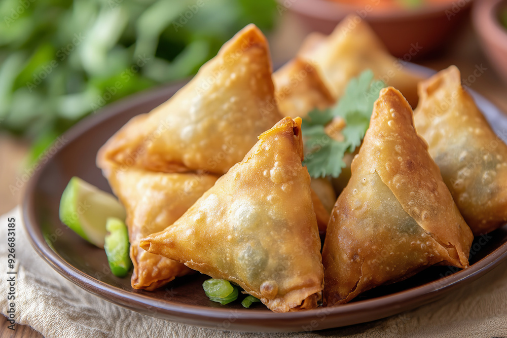 Crispy fried vegetable samosas served on table Crispy fried vegetable samosas served on table