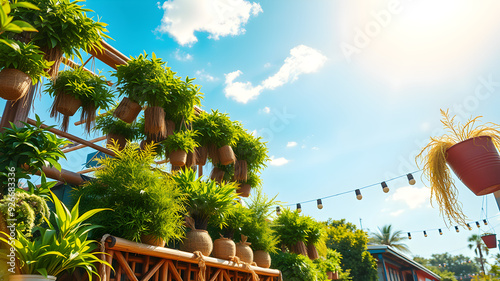 Lush Kokedamas on a Sunny Day: A Vibrant Display of Greenery and Earthy Tones on a Wooden Stand Adorned with Natural Textures, Set Against a Bright Blue Sky with Wispy Clouds photo