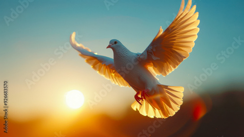 White dove flying at sunrise photo