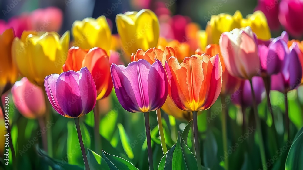 A detailed shot of a field of colorful tulips in full bloom, showcasing a spectrum of hues and the lush green foliage surrounding them