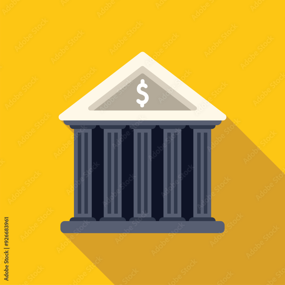 Bank building with dollar sign on yellow background representing banking and finance