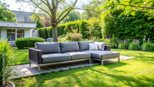 Comfortable gray sofa placed near lush green trees on terrace with grassy lawn on sunny summer day in house garden
