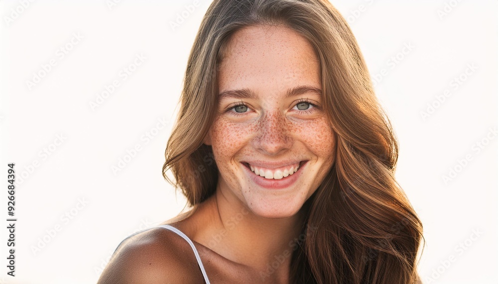Portrait of a young beautiful smiling woman with freckles on her face Portrait of a young beautiful smiling woman with freckles on her face
