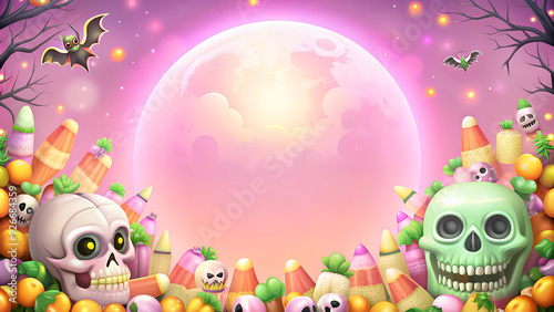Halloween Candy Border with Skulls and Bats on Pink Moonlit Background with Copy Space