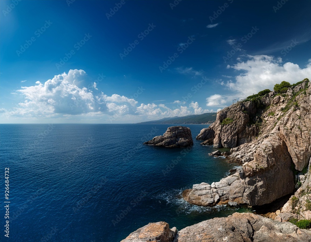 Fototapeta premium Rocky cliff coast panorama with beautiful blue sea and white clouds in 4k resolution