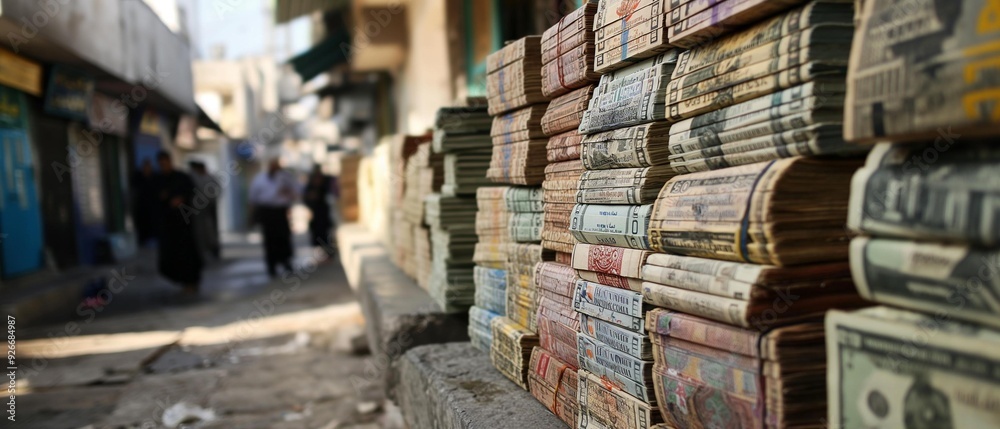 Fototapeta premium AI generator image of UNRWA as money londary,Stack of banknote money 