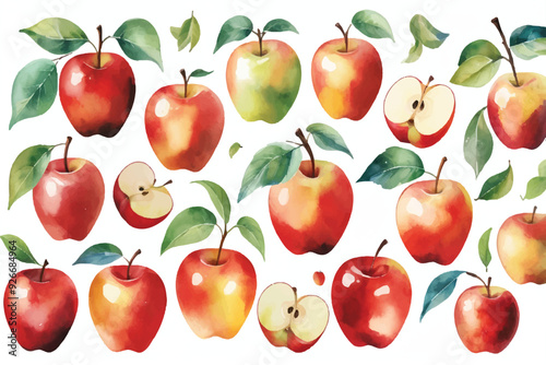 Set of red apples with green leaves. Fruit collection with composition. Food illustration for thanksgiving and harvest decor